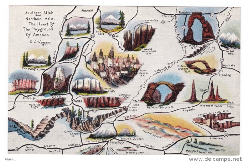 Rout 66 On Map Southwest USA Arizona &amp; Utah, C1940s Vintage Linen Postcard - Route ''66'