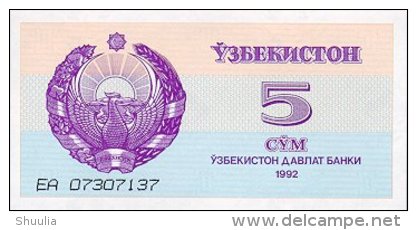 Uzbekistan 5 Sum 1992 Pick 63 UNC - Uzbekistan