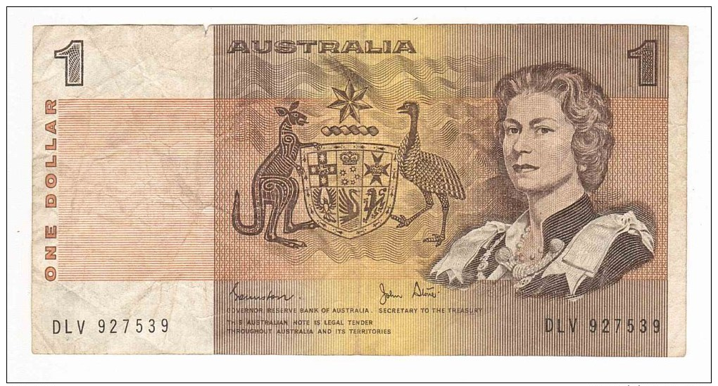 Australian One Dollar ($1) Paper Bank Note - Johnston/Stone - Serial DLV927539 - Circulated/Used - 1974-94 Australia Reserve Bank