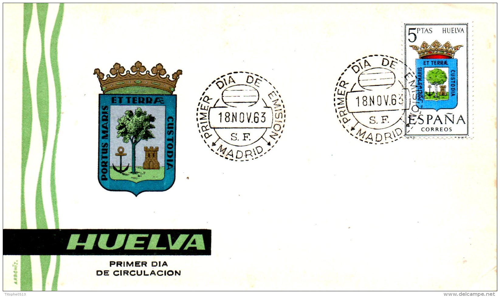 ESPAGNE. N°1183 De 1963 Sur Enveloppe 1er Jour. Armoiries De Huelva. - Covers