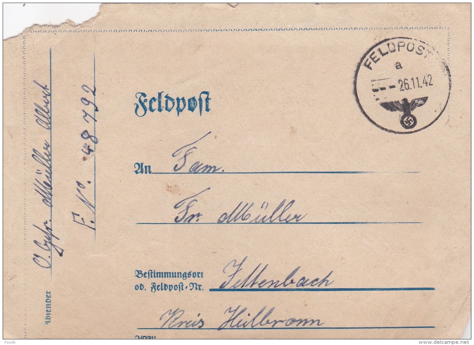 Feldpost WW2: From The Area Around Dijon, France - Radfahr-Schwadron 1065  FP 48792 P/m 26.11.1942 - Letter Inside (G84- - Militaria