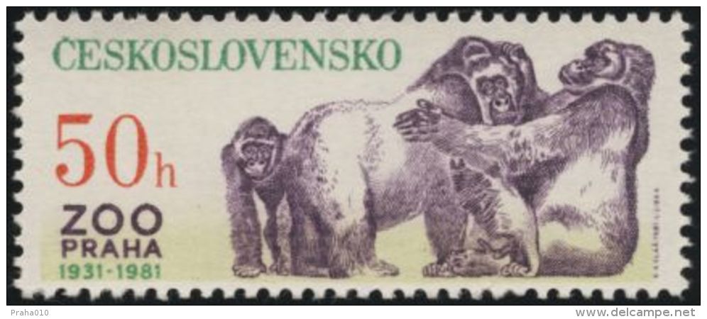 Czechoslovakia / Stamps (1981) 2507: 50 Years Zoological Gardens Prague (group Of Gorillas); Painter: Radomir Kolar - Gorilla's