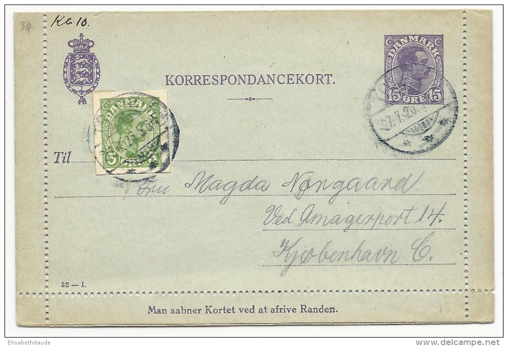 DANEMARK - 1926 - MICHEL Nr. K40 - CARTE-LETTRE ENTIER POSTAL Avec COMPLEMENT ENTIER DECOUPE De VIBORG Pour COPENHAGUE - Ganzsachen