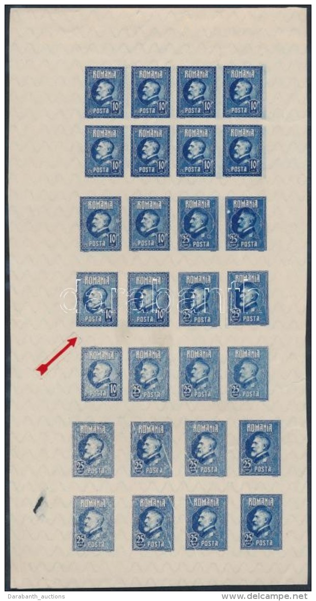 ** 1926 25Bani, 10 Lei Kék SzínÅ± Próbanyomat Vízjeles Teljes ív / Mi 294 Blue... - Other & Unclassified