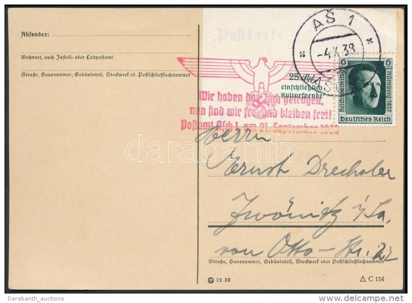 Sudetenland 1938 Blokkból Kitépett Bélyeg LevelezÅ‘lapon / Postcard 'ASCH 1' - Other & Unclassified