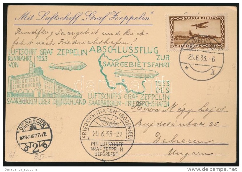 1933 Zeppelin Saargebietsfahrt LevelezÅ‘lap Debrecenbe / Postcard To Hungary - Other & Unclassified
