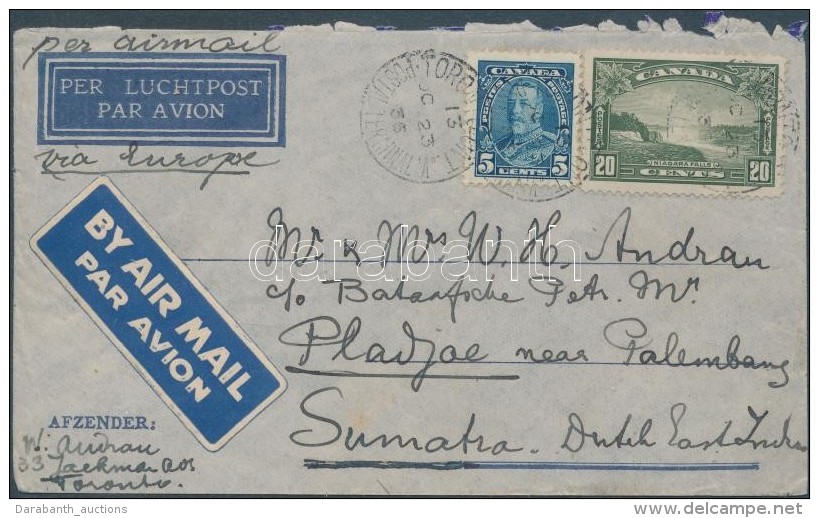 1936 Légi Levél Mi 147A + 153 Bélyegekkel / Airmail Cover Toronto - Pladjoe (Sumatra) - Other & Unclassified