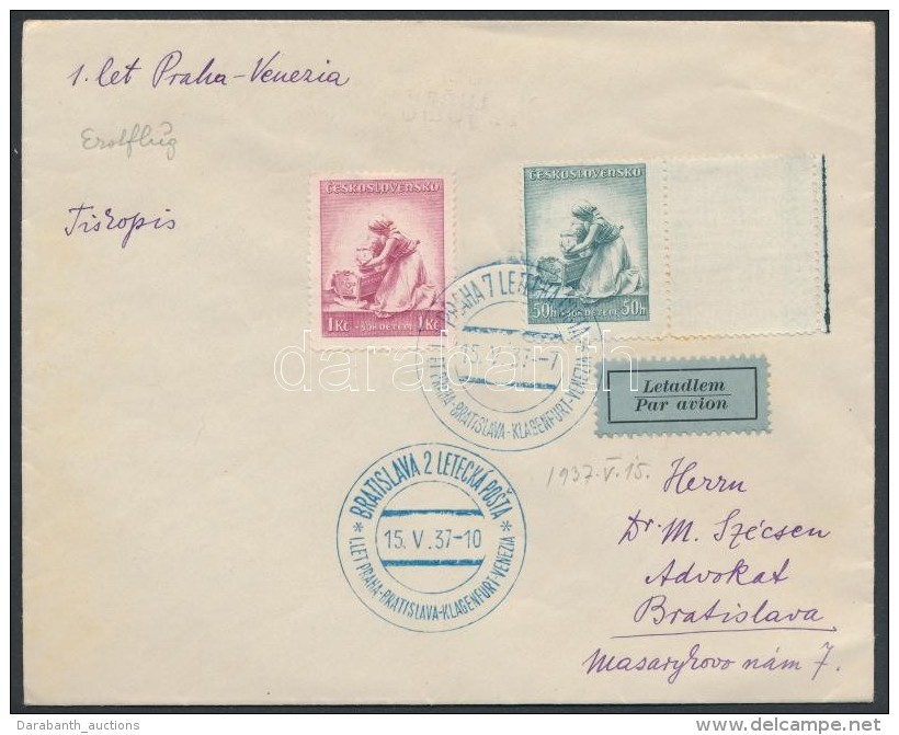 1937 ElsÅ‘ Repülés Levél / First Flight Cover Praha-Venezia - Other & Unclassified