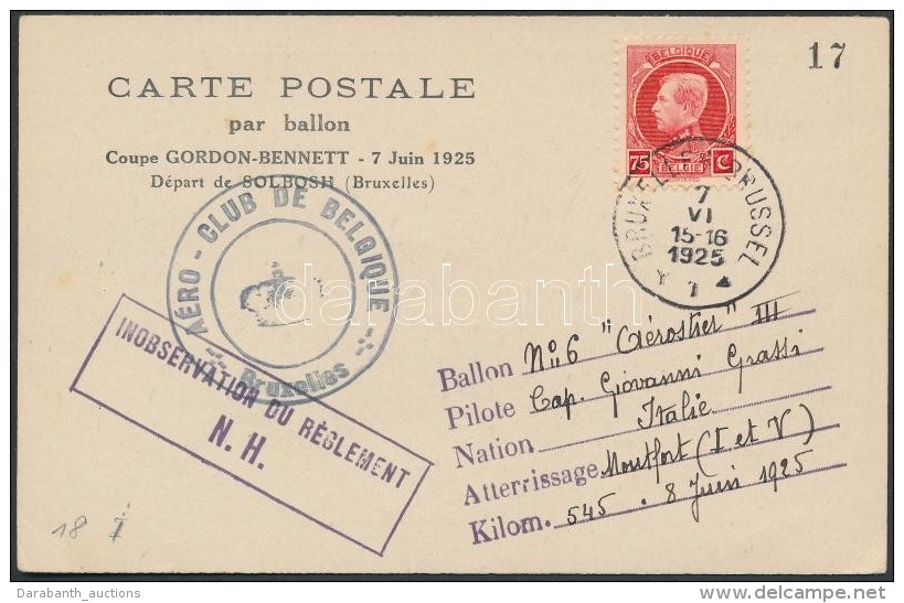 1925 Ballonposta Képeslap  / Ballon Postcard 'AÉRO-CLUB  DE BELGiQUE / Bruxelles' - Other & Unclassified