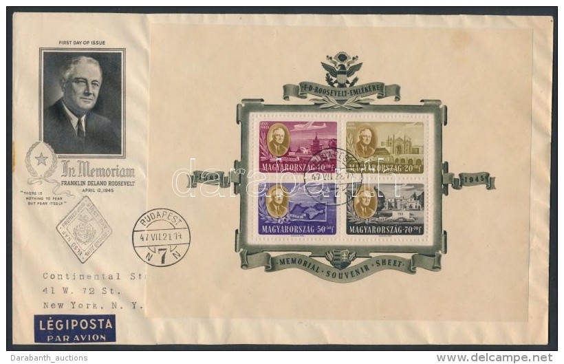 1947 Roosevelt Blokkpár 2 FDc-n New Yorkba Küldve /Mi Bl 10-11 Blockpair On 2 FDCs To New York - Other & Unclassified