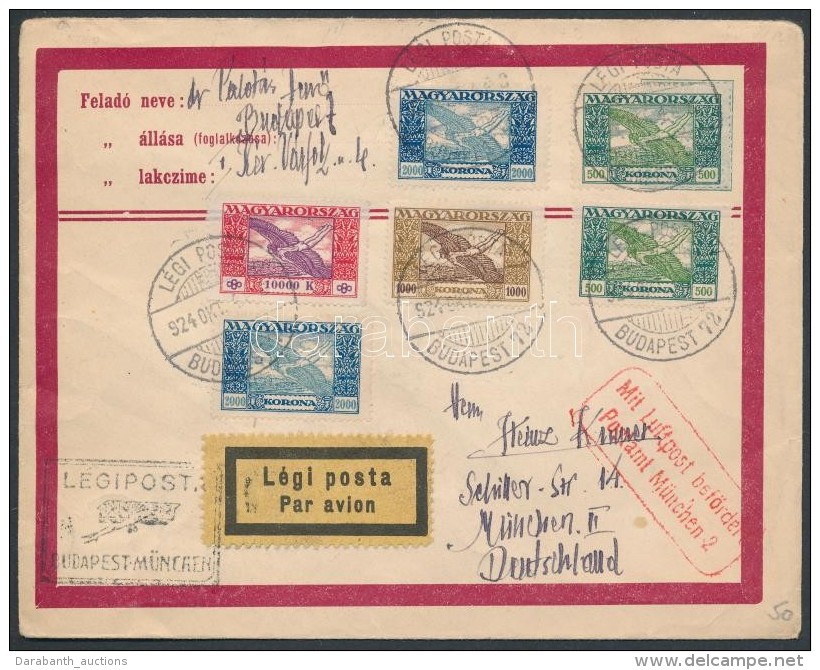 1924 Légiposta Levél Ikarusz Bélyegekkel, Közte 10.000K / Mi 384-386, 388 Stamps On... - Other & Unclassified