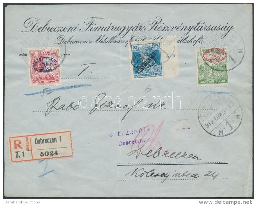 Debrecen 1919 Cenzúrás Helyi Ajánlott Levél Rajta I. Lemez Magyar Posta 5f  (min.... - Other & Unclassified