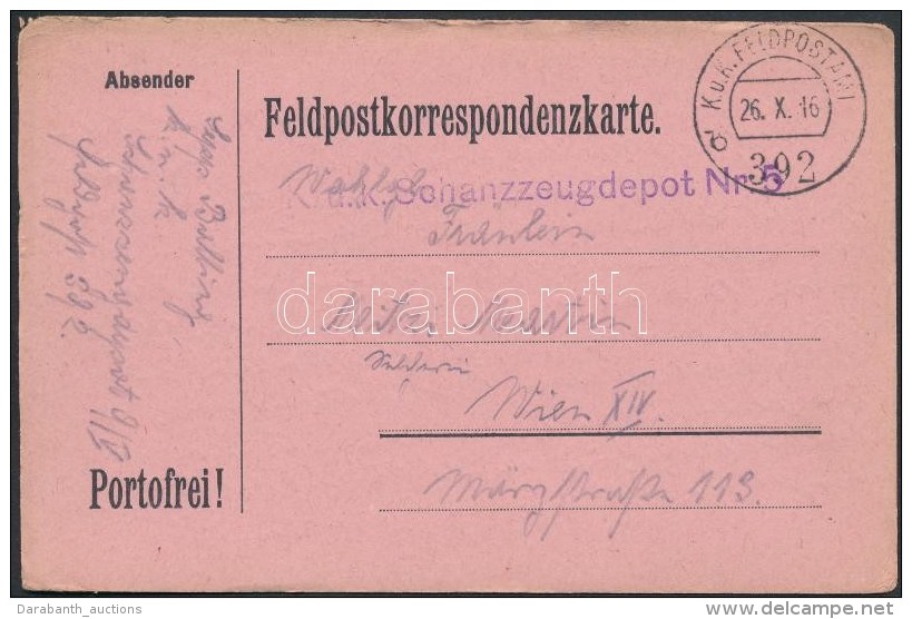 1916 Tábori Posta LevelezÅ‘lap /  Field Postcard 'K. U. K. Schanzzeugdepot Nr. 5.' + 'FP 392 B' - Other & Unclassified