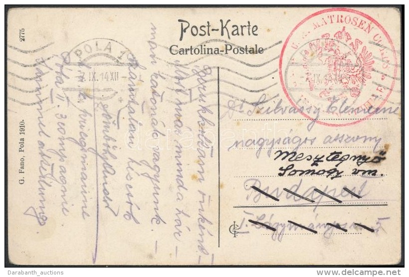 1914 Tábori Képeslap Hajópostával / Field Postcard 'K.u.k. MATROSEN COPRS' + 'POLA 1' - Sonstige & Ohne Zuordnung