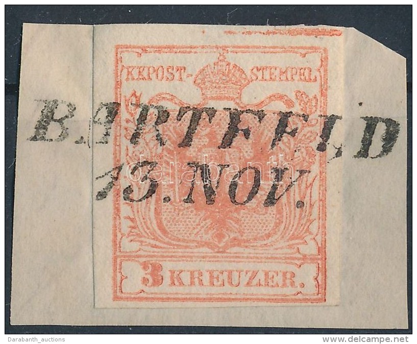 1850 3kr HP Ib. Szegélyléclenyomat. Certificate: Ferchenbauer 'BARTFELD' (Gudlin: 250 P) - Other & Unclassified