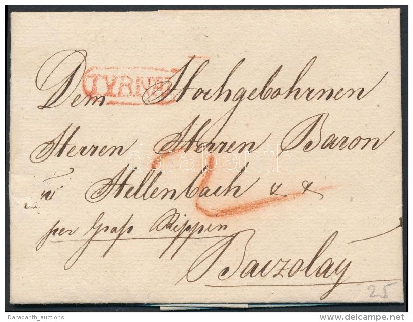 1829 Portós Levél / Unpaid Cover Piros / Red 'TYRNAU' - Other & Unclassified