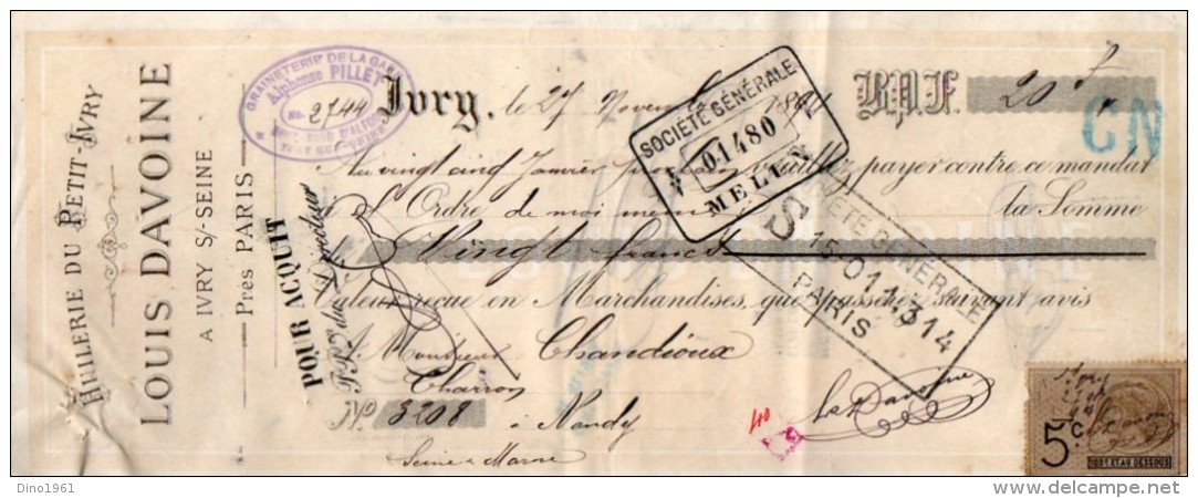 VP3966 - Lettre De Change - Huilerie Du Petit - Ivry Louis DAVOINE à IVRY SUR SEINE Près PARIS - Bills Of Exchange