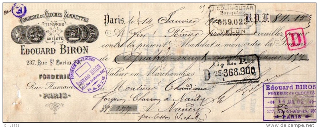VP3968 - Lettre De Change - Fonderie De Cloches , Sonnettes Edourd BIRON à PARIS - Cambiali