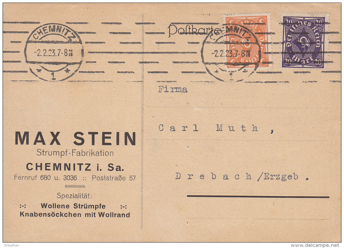 INFLA  DR 227 A, 230 P MiF, Auf Postkarte Der Fa. Max Stein, Strümpfe, Mit Stempel: Chemnitz 2.2.1923 - Sonstige & Ohne Zuordnung