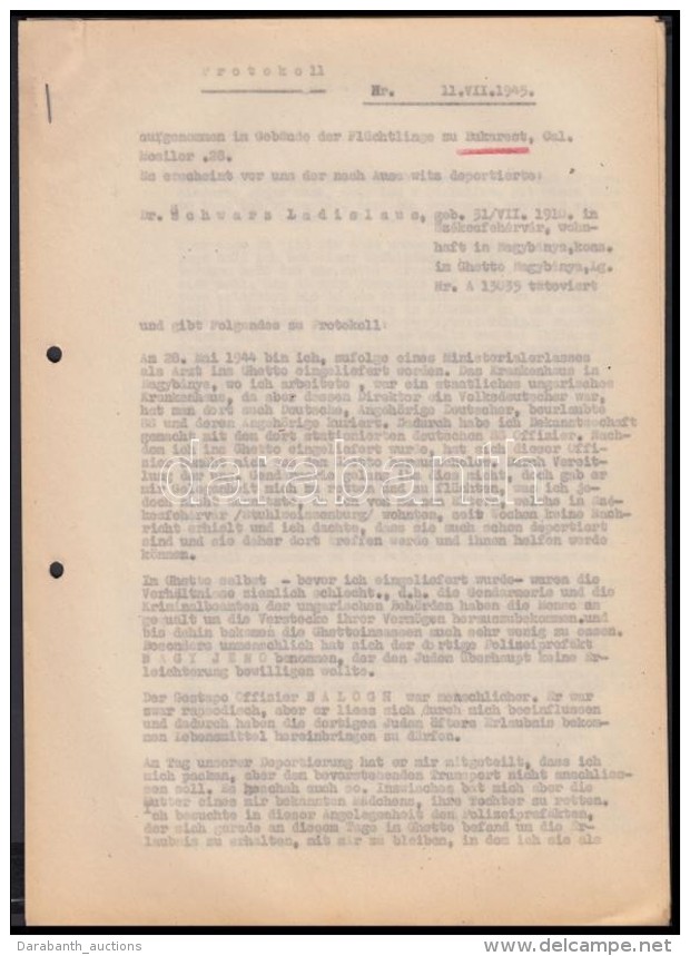 1945 Eredeti, Korabeli JegyzÅ‘könyv Másolat Melyet Felvettek Bukarestben A Joint Házában ... - Other & Unclassified