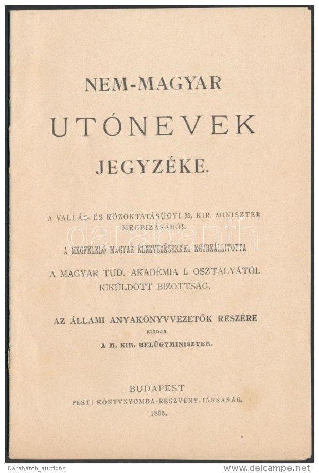 1895 A Nem-magyar Utónevek Jegyzéke. 20p. - Unclassified