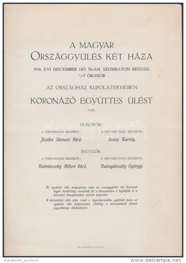 1916 Hirdetmény Az OrszággyÅ±lés IV. Károly Koronázása... - Unclassified