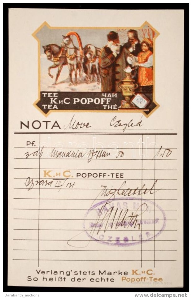Cca 1920 Popoff TeakereskedÅ‘ Számlája, Képes Jelenettel / Cca 1920 Popoff Tea-vendor Invoice - Unclassified