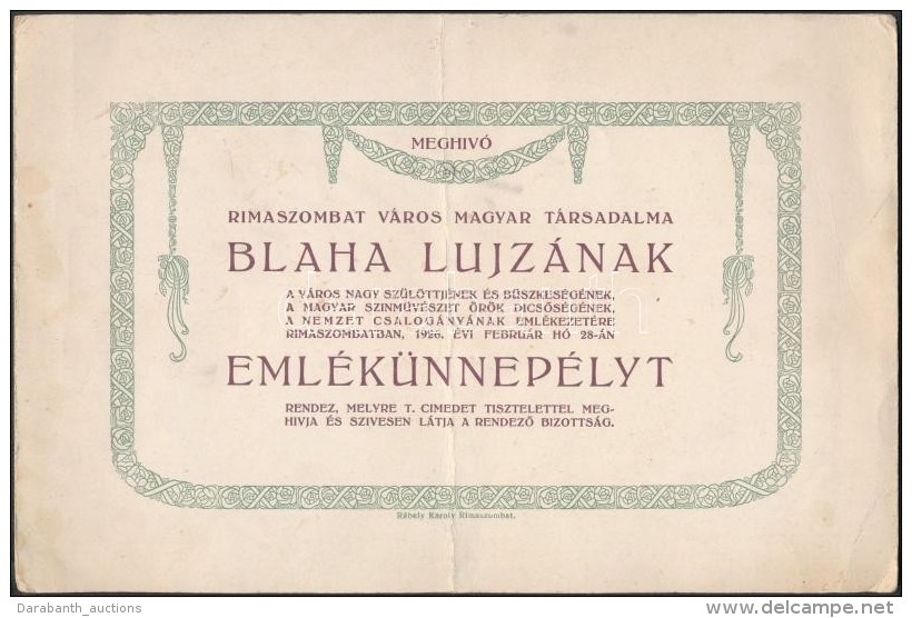 1926 Rimaszombat Városának Blaha Lujza Emlékünnepélyére Szóló... - Unclassified