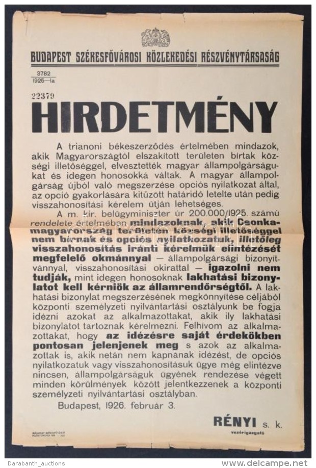 1926 BESZKART Hirdetmény Az Elszakított TerületekrÅ‘l Származó Alkalmazottak... - Unclassified