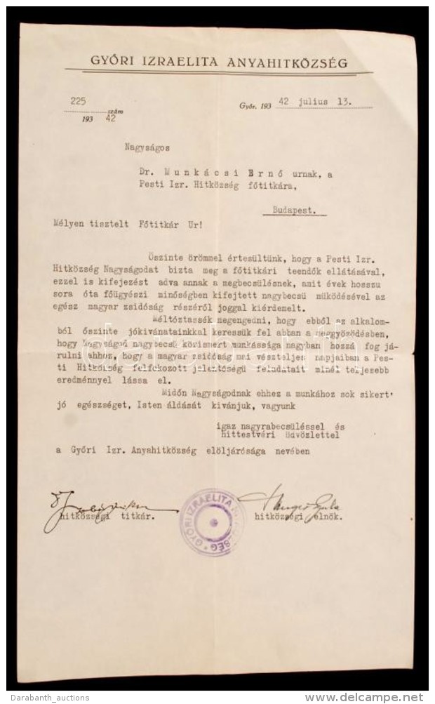 1942 A GyÅ‘ri Izraelita Hitközség Levele Munkácsi ErnÅ‘ (1896-1950) ügyvéd, Jogi... - Altri & Non Classificati
