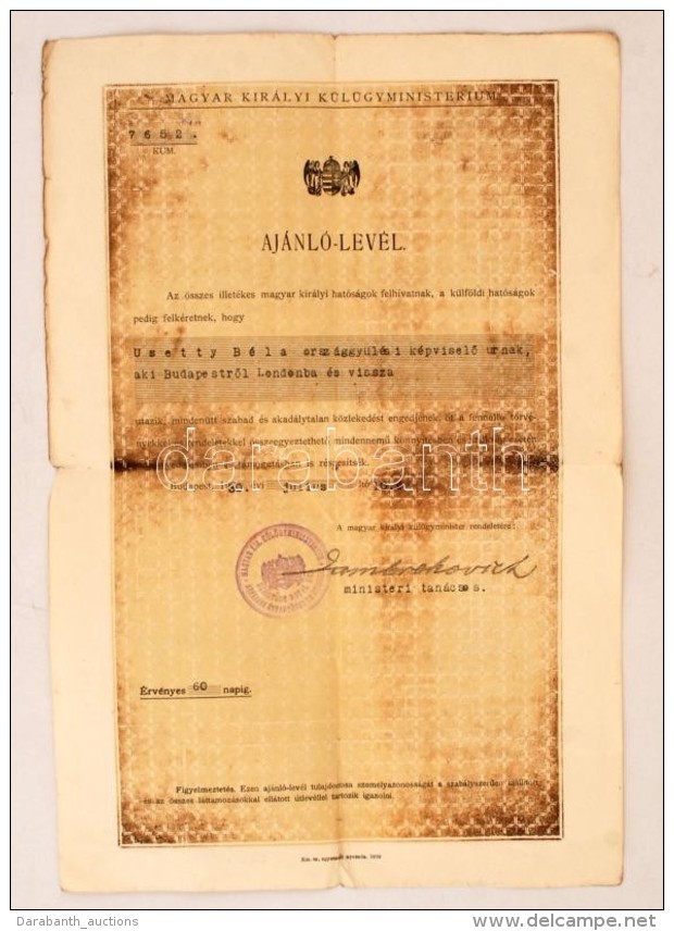 1930 Külügyminisztériumi Ajánló Levél Usetty Béla... - Unclassified