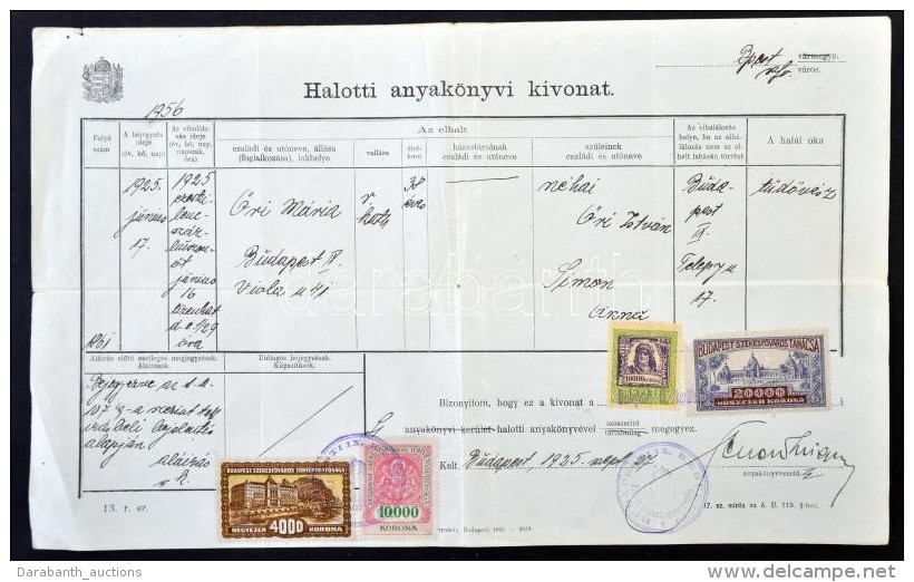 1925 Halotti Anyakönyvi Kivonat 4 Klf Okmánybélyeggel / Death Certificate With 4 Different... - Unclassified