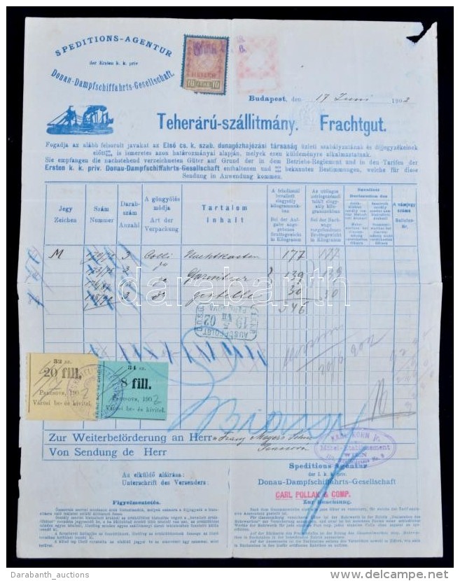 1902 DDSG Fuvarlevél 8f + 20f Pancsova Városi Bélyegekkel / DDSG Bill Of Lading With Pancsova... - Unclassified