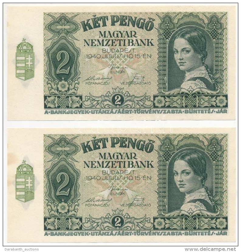 1940. 2P (2x) SorszámkövetÅ‘k T:I,I- Egyiken Kis Fo. / 
Hungary 1940. 2 PengÅ‘ (2x) Sequential Serials... - Non Classés