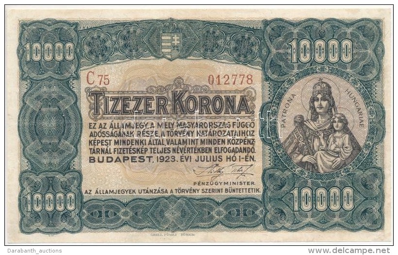 1923. 10.000K 'Orell Füssli Zürich' Barna Sorozat-és Szorszám T:III Restaurált /... - Non Classés