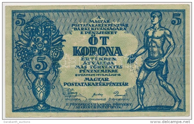 1919. 5K 'MÁS TÖRVÉNYES PÉNZNEMEKRE' T:III /
Hungary 1919. 5 Korona 'MÁS... - Unclassified