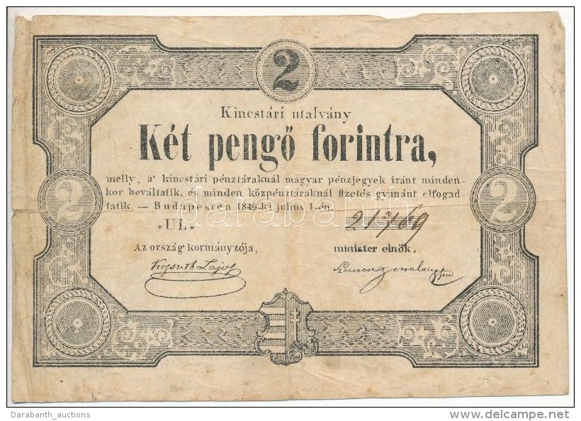 1849. 2Ft 'Kincstári Utalvány' Komáromi Kiadás, UL Sorozat T:III Kis Szakadás,... - Non Classés