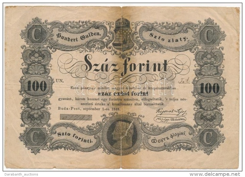 1848. 100Ft 'Kossuth Bankó' T:III- Nagyobb Szakadás, Ragasztónyom /
Hungary 1848. 100Ft... - Unclassified