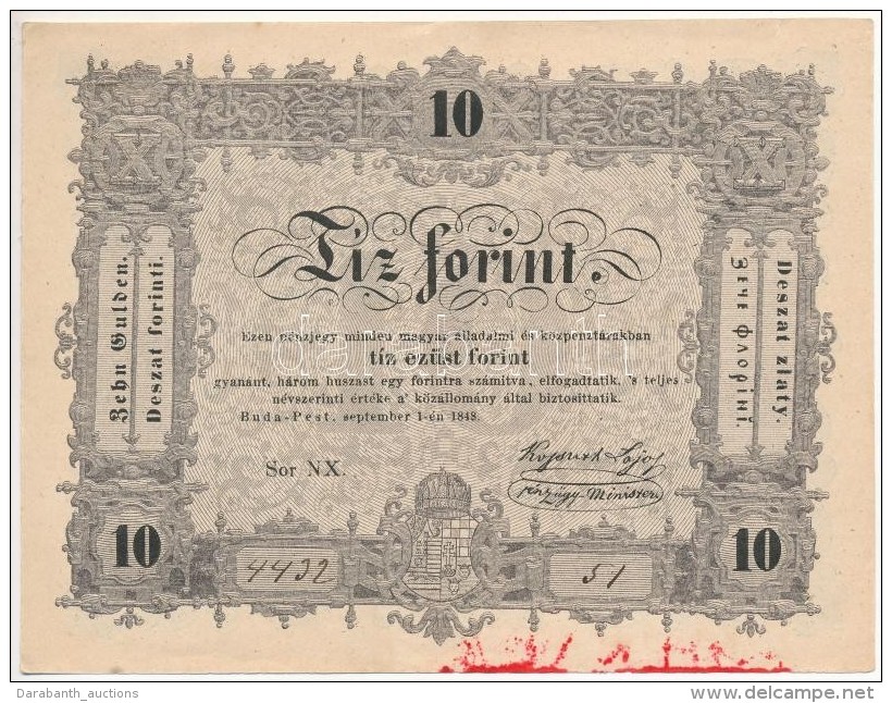 1848. 10Ft 'Kossuth Bankó' Piros Tintafolttal (érvénytelenítés?) T:I-,II 3mm-es... - Unclassified
