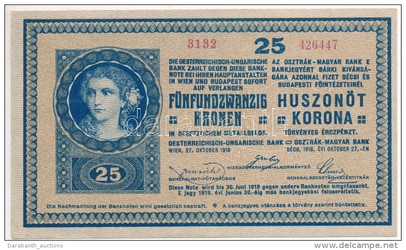 1918. 25K '3132' 3,5mm Hullámos Hátlappal T:II,II- Szép Papír / 
Hungary 1918. 25... - Non Classés