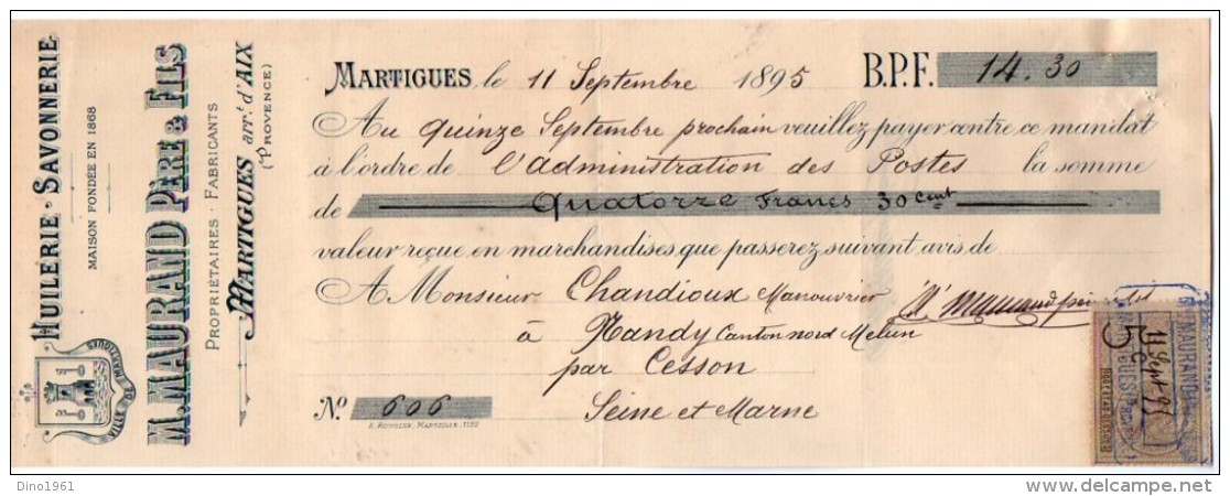 VP3975 - Lettre De Change - Huilerie - Savonnerie M. MAURAND Père & Fils à MARTIGUES Arrd D'AIX - Bills Of Exchange