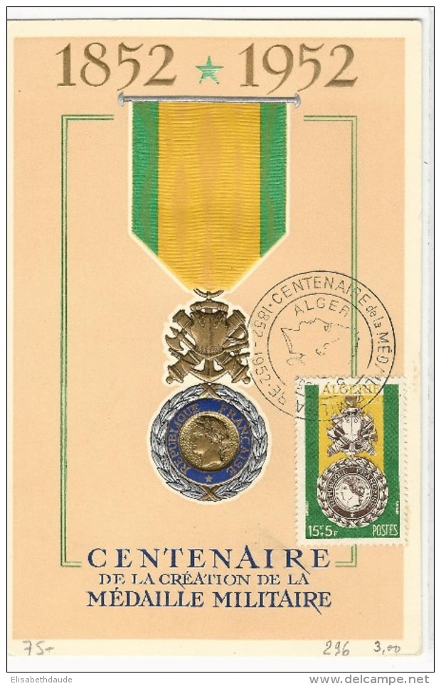 ALGERIE - 1952 - CARTE MAXIMUM Du CENTENAIRE De La MEDAILLE MILITAIRE - Maximumkarten