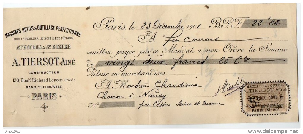 VP3987 - Lettre De Change - Machines Outils & Outillage Perfectionné A. TIERSOT à PARIS - Atelier à SAINT DIZIER - Letras De Cambio