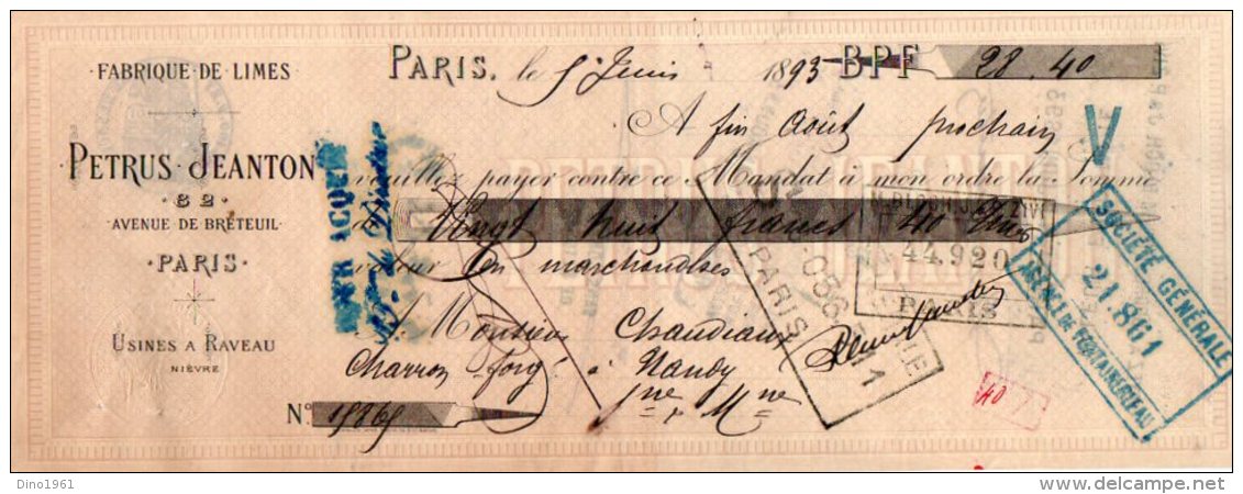 VP3988 - Lettre De Change - Fabrique De Limes PETRUS - JEANTON  à PARIS - Usine à RAVEAU - Lettres De Change