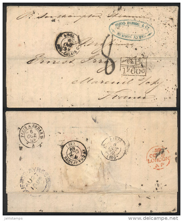 Entire Letter Sent From Buenos Aires To France On 24/AU/1859 By British Mail, With Many Interesting Postal Marks On... - Altri & Non Classificati