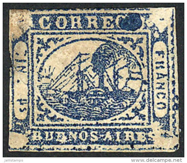 GJ.11, IN Ps. Blue, With Variety: Large Spot Over "OS" Of CORREOS, Defects, Catalog Value US$200 - Buenos Aires (1858-1864)