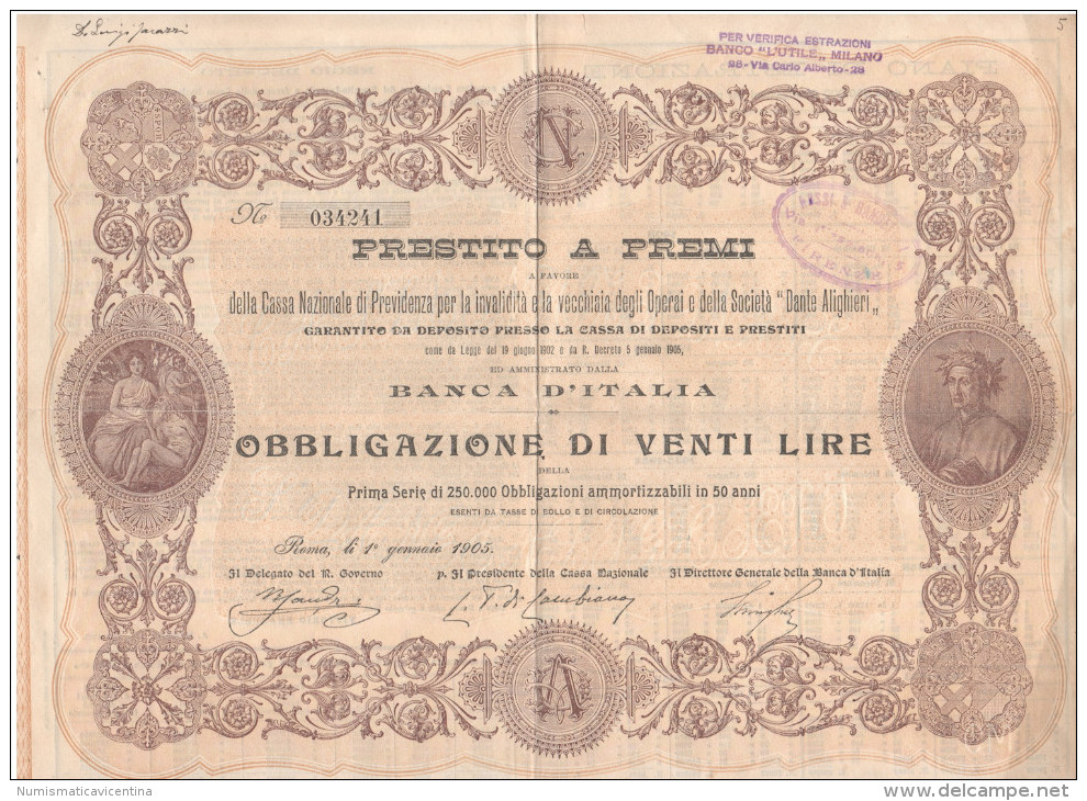 Obbligazioni Obbligazione Da Lire 20 Soc. Dante Alighieri 1905 - Altri & Non Classificati