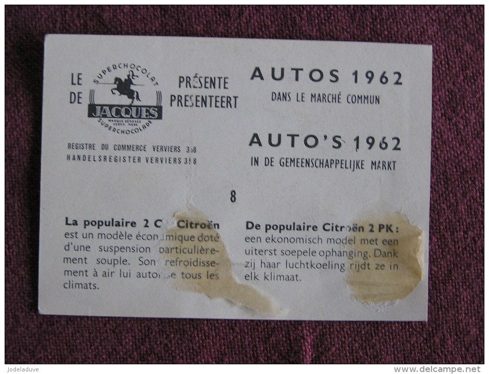 CITROEN 2 CV  Chromo Auto 1962 Chocolat Jacques Eupen Automobile Trading Card Chromos Vignette - Jacques