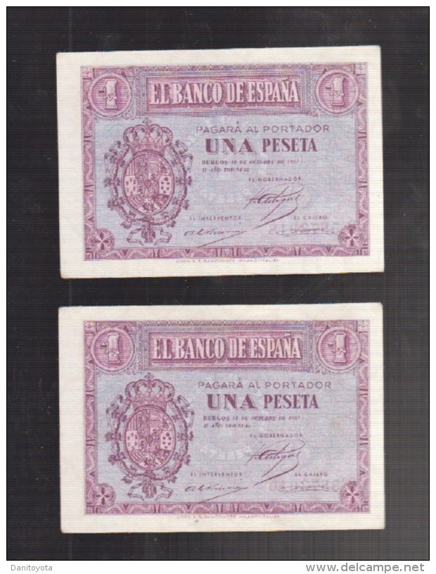 EDIFIL D26    1 PTA 12 DE OCTUBRE DE 1937.   PAREJA CORRELATIVA   SERIE B.  SIN CIRCULAR. - 1-2 Pesetas