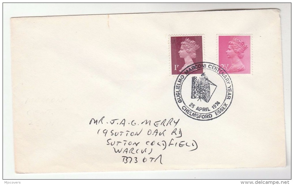 1974 Chelmsford GB Stamps COVER Illus EVENT Pmk GUGLIELMO MARCONI CENTENARY YEAR Telecom Radio - Telecom